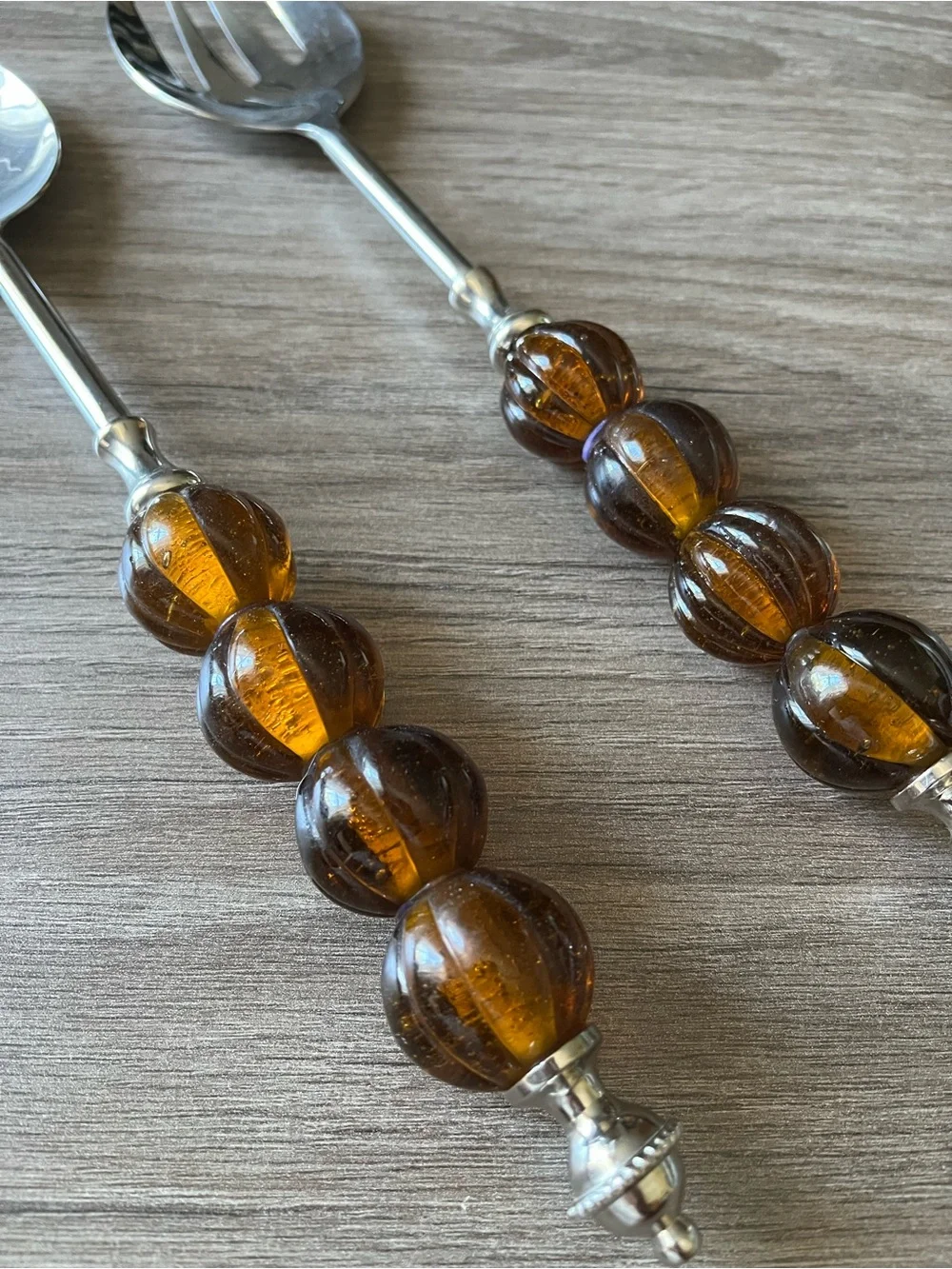 Silver-Tone Spoon and Fork Salad Server Set Amber-Colored Faceted Bead Handles